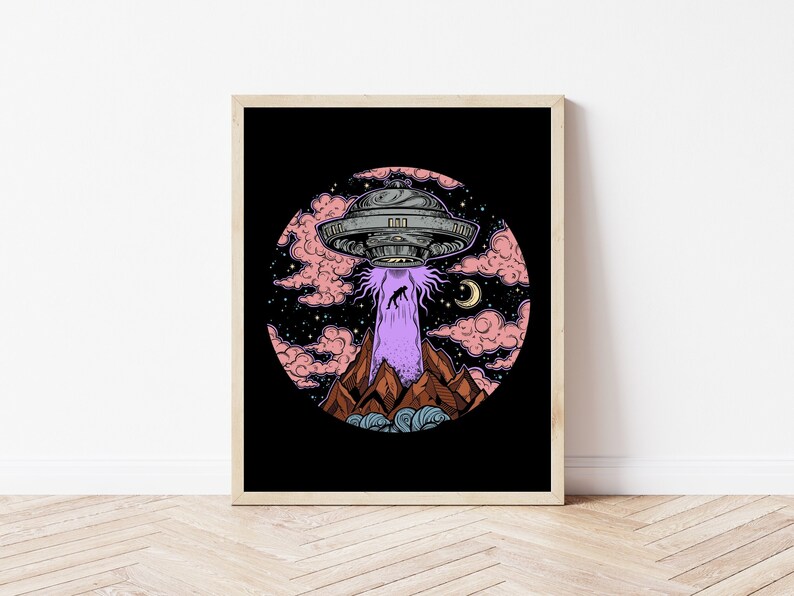 Lámina artística de montaña con ovnis / Decoración de pared sobre abducción alienígena imagen 3