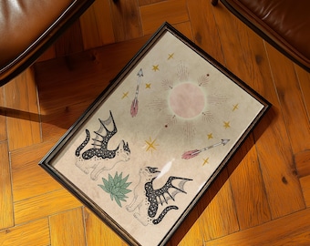 フォークアート風の天界の猫のプリント | 魔女風の南西部ゴシック装飾