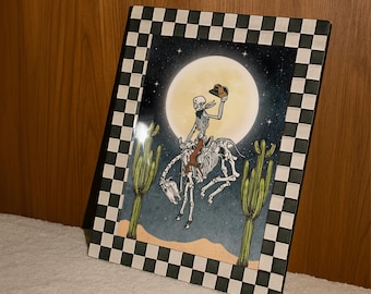 カウボーイの骸骨が馬に乗っているプリント | 南西部のサボテン砂漠の壁アート