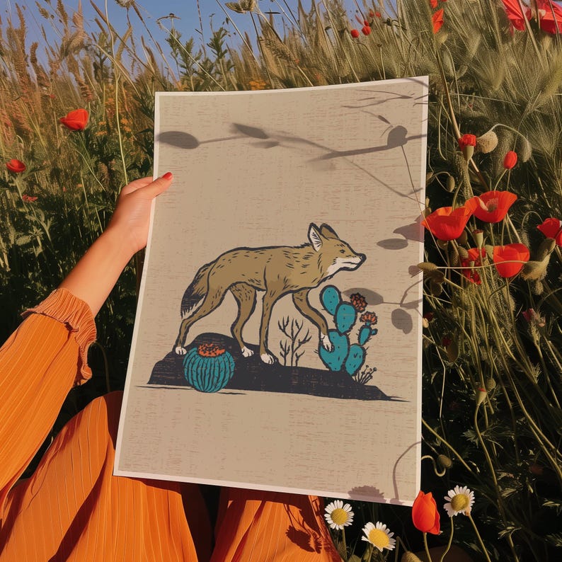 May include: A tan and brown illustration of a coyote walking past a blue cactus and desert plants. The artwork is on a beige background. The image is held in front of a field of red poppies and green grass.