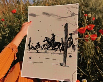 Lone Cowgirl Art Print | Desert Cactus Western Decor | Southwestern Wall Art