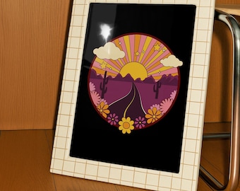 Retro Desert Sunset Cactus Print | 70s Boho Wall Art