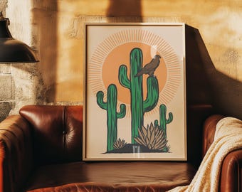 Lámina artística de cactus halcón del desierto / Decoración de pared del suroeste de Estados Unidos