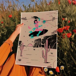 Space Cowgirl Art Print | Retro Desert Southwestern Wall Decor