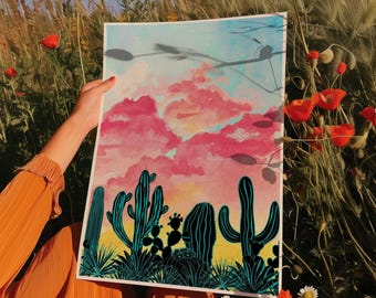 サボテンと夕日のプリント | 南西部のボヘミアン風砂漠風景のウォールアート