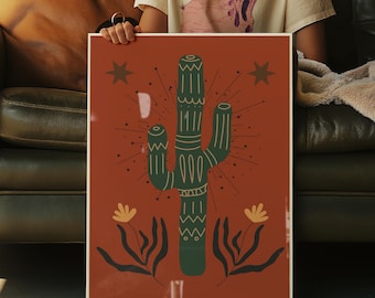 Estampado de cactus del oeste / Arte mural bohemio del desierto / Decoración hecha en Texas