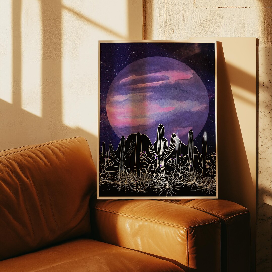 Cactus Night Desert Print | Full Moon Landscape Wall Art - Etsy