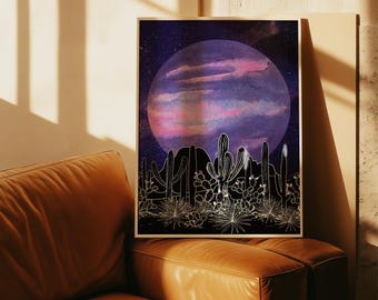 サボテンの夜砂漠プリント | 満月の風景壁掛けアート