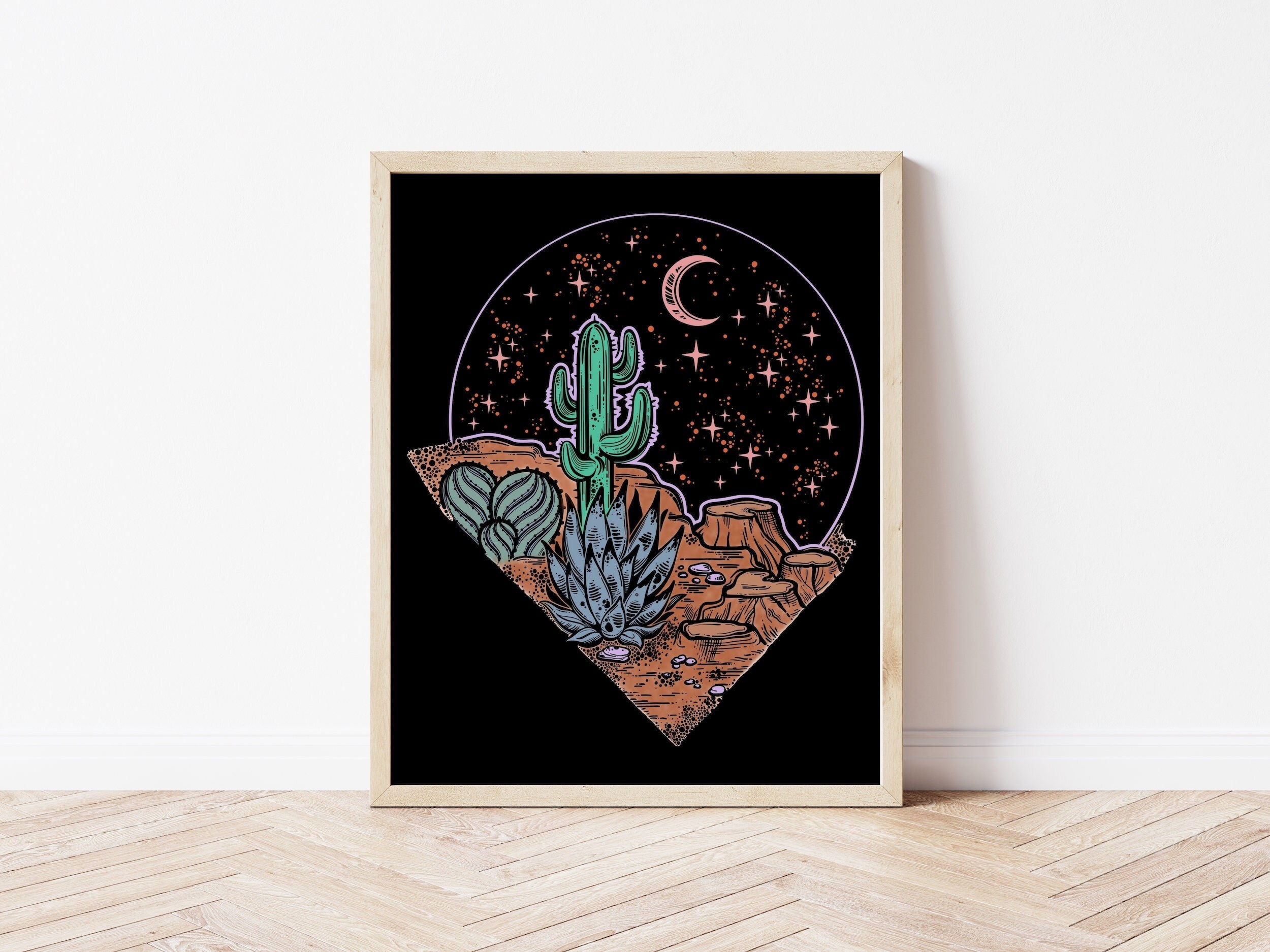 Pink Moon Cactus Desert Art Print | Boho Psychedelic 70s Wall Art - Etsy