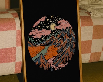 Midnight Mountains Psychedelic Art Print | 70s Boho Nature Wall Decor