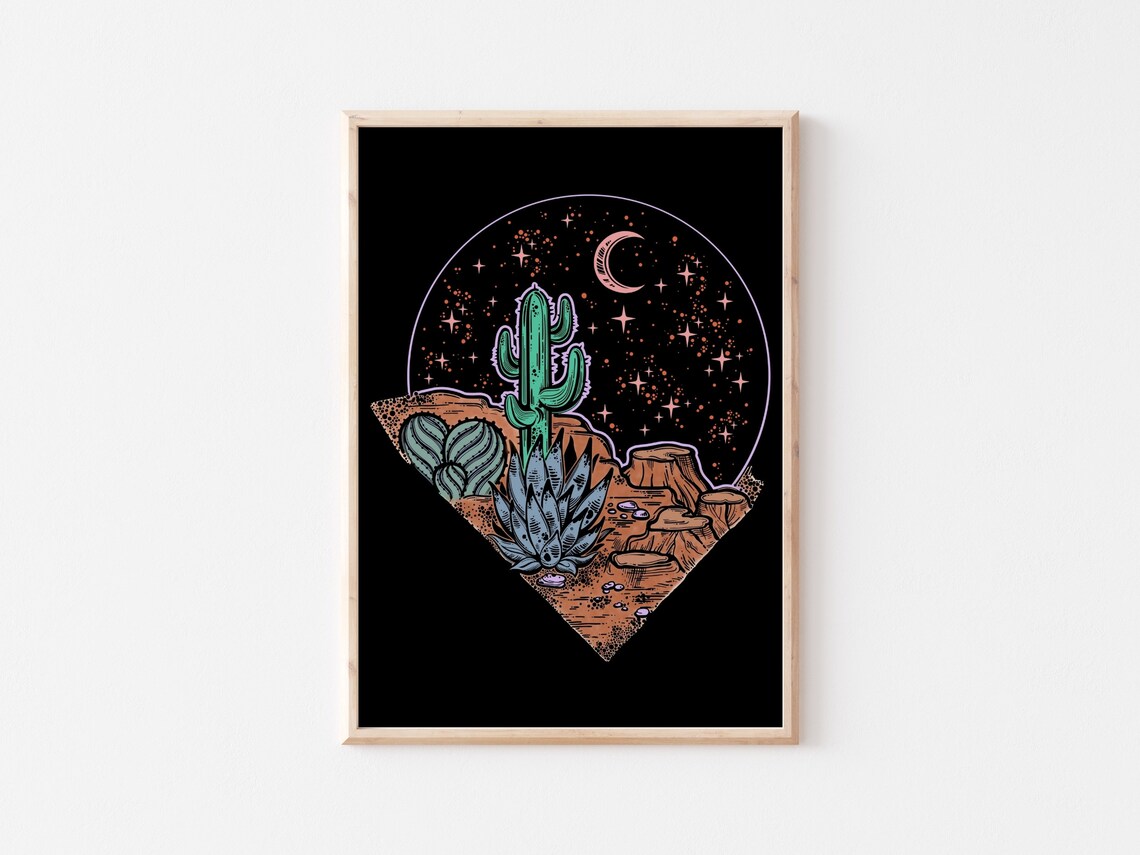 Pink Moon Cactus Desert Art Print | Boho Psychedelic 70s Wall Art - Etsy