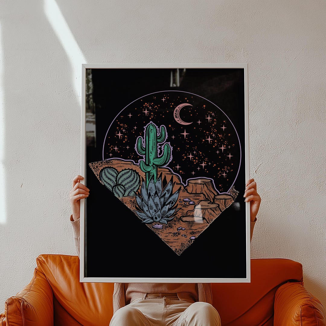 Pink Moon Cactus Desert Art Print | Boho Psychedelic 70s Wall Art - Etsy