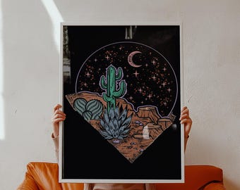 Pink Moon Cactus Desert Art Print | Boho Psychedelic 70s Wall Art