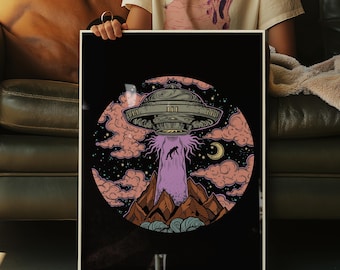 UFO Mountain Art Print | Alien Abduction Wall Decor