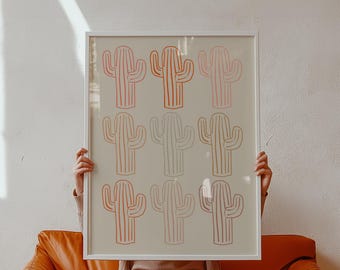 Estampado de cactus lineal / Arte mural bohemio del suroeste