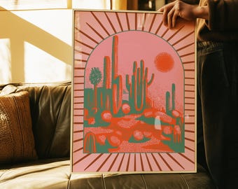 Lámina de cactus del desierto eléctrico / Arte mural del suroeste