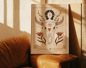 Lámina artística de calavera occidental / Decoración de pared estilo boho del suroeste