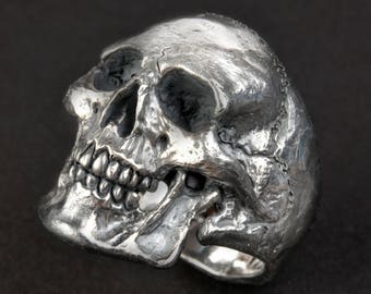 Skull Ring, Large Size,Full Jaw, silver mens skull ring, biker, masonic, rock n roll, gothic ,handmade, jewelry,.925, etsy