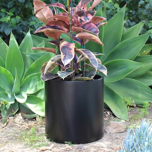 Brea Round Cylinder Planter - Black. Made from hand laid fiberglass. For Indoor and outdoor garden use. Various sizes available.