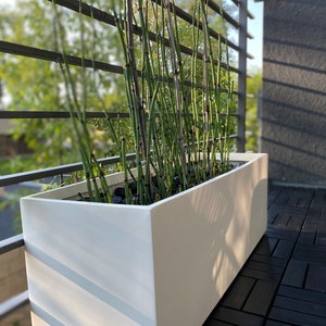 Belmont Rectangle Modern Planter Box - White. Made from hand laid fiberglass. For Indoor and outdoor garden use. Various sizes available.