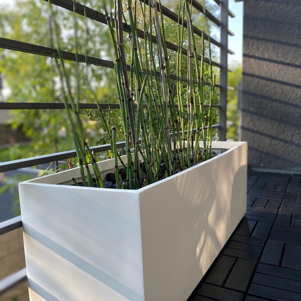 Belmont Rectangle Modern Planter Box - White. Made from hand laid fiberglass. For Indoor and outdoor garden use. Various sizes available.
