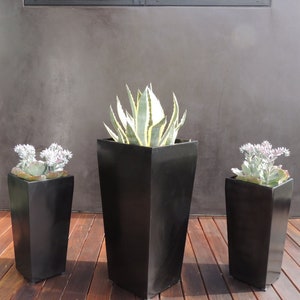 Windsor Tall Square Modern Planter - Black. Made from hand laid fiberglass. For Indoor and outdoor garden use. Various sizes available.