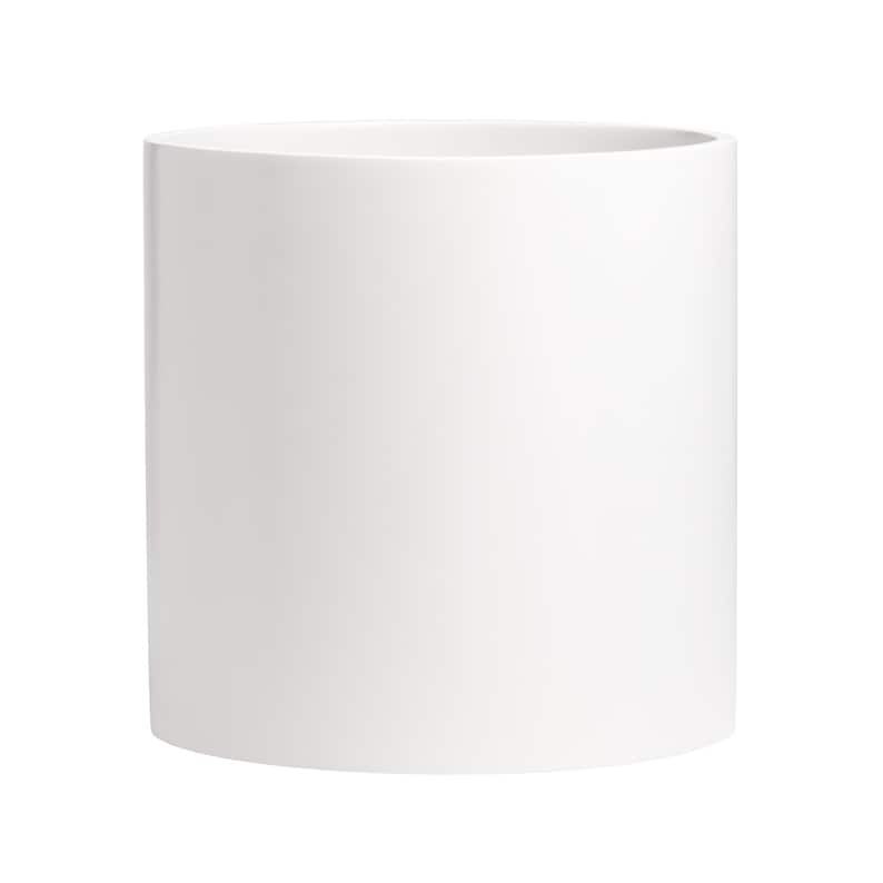 May include: A white cylindrical ceramic planter. The planter is smooth and has a simple design.