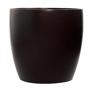 May include: A dark brown, round, ceramic planter with a smooth, glossy finish.