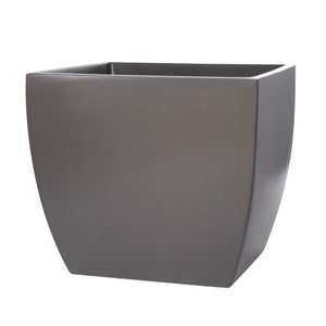 May include: A large, square, gray planter with rounded edges. The planter is made of a smooth, matte material.