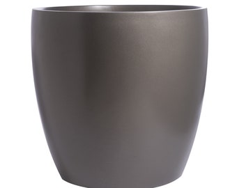 May include: A large, round, gray planter made of a smooth, shiny material. The planter is perfect for indoor or outdoor use.