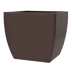 May include: A brown square planter with rounded edges. The planter is made of a smooth, matte material.