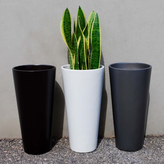 Sonoma Tall Cylinder Modern Planter - Black. Made From Hand Laid