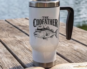 Taza de viaje para pesca Codfather, regalo divertido para papá, taza de acero inoxidable de 414 ml, vaso con asa negra, taza de café Lake Life, vasos para pescadores.