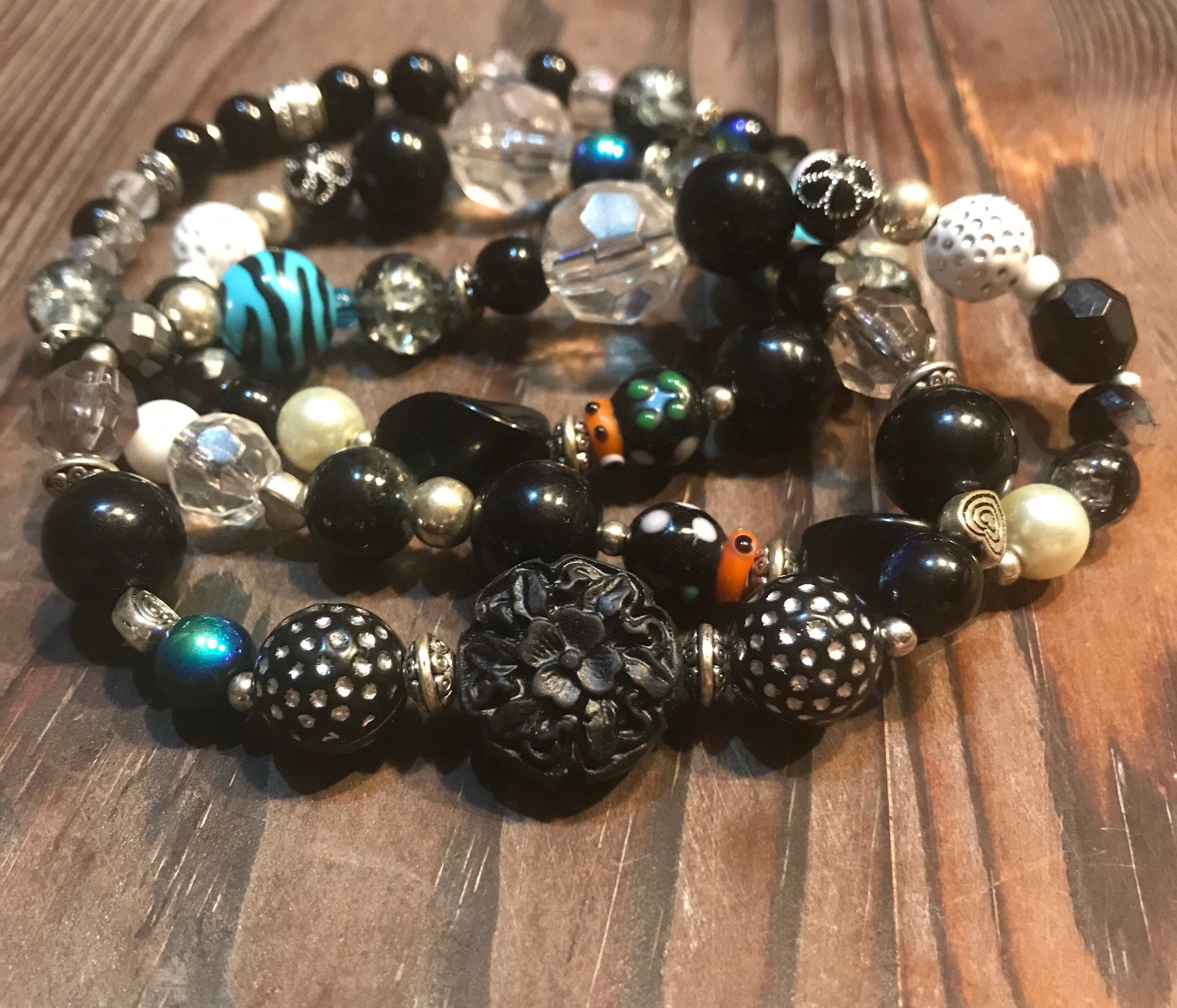 Black Eclectic Beaded Stretch Necklace Etsy