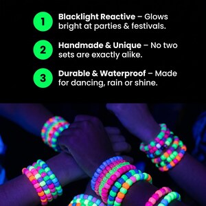 May include: Image shows multiple wrists adorned with colorful, beaded bracelets. The bracelets feature vibrant neon colors like pink, green, orange, and blue. Text overlay reads "3 Ways to Express Yourself" and highlights features like blacklight reactivity and durability.