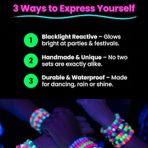 Five (5) Beacelets Customized Blacklight Reactive Kandi Raver Music Festival Bracelets Friendship VSCO