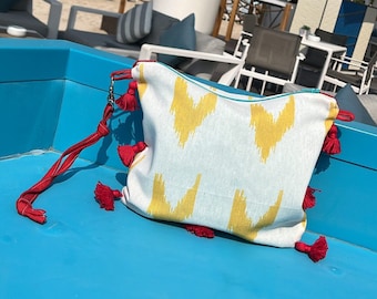 Mallorcan print bag, small handle bag, arrows beach bag, tassels clutch bag, yellow white bag, Mallorcan clutch bag, summer bag tassels