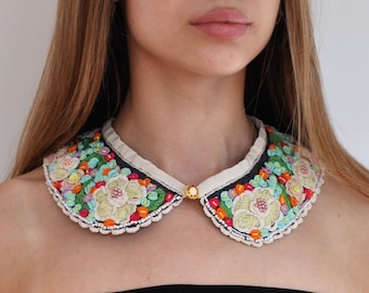 gray collar flowers, extra large collar, embroidery collar, Peter Pan collar, brazilian embroidery, wool lace collar, designer big collar