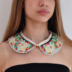 gray collar flowers, extra large collar, embroidery collar, Peter Pan collar, brazilian embroidery, wool lace collar, designer big collar image 1