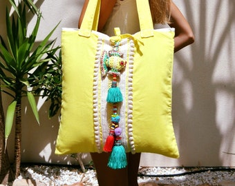 linen tote bag, large tote bag, linen beach bag, yellow linen tote, yellow lemon bag, linen shopper bag, lace linen tote bag