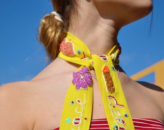 embroidered scarf, jewel neck scarf, narrow silky scarf, yellow hippie tie, scarf necklace silk, scarf bracelet silk, yellow silky scarf