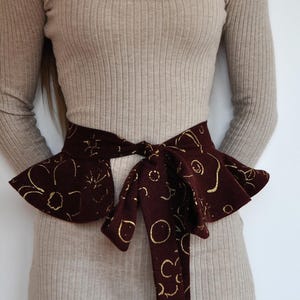 flowers ruffle belt, fabric ruffle belt, wool belt long tie, long ties belt, bordeux gold belt, bordeux ruffle belt, bordeux lana belt