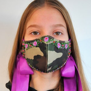 designer face mask, camouflage ties mask, embroidered mask, duoble layer mask, decorative mask ties, fashionable mask, summer face mask