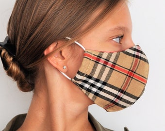 cotton plaid mask, mask with rubber, duoble layer mask, decorative mask, fashionable mask, summer face mask, plaid print mask