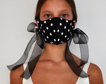 polka dot face mask, black ties mask, duoble layer mask, decorative mask, fashionable mask, summer face mask, designer dotted mask