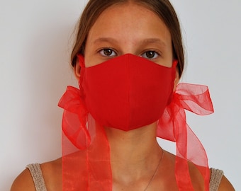 red wide ties mask, chiffon ties mask, duoble layer mask, decorative red mask, fashionable mask, summer face mask, wide ties red mask