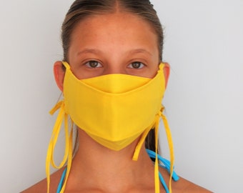 designer yellow mask, mask with long ties, duoble layer mask, decorative mask ties, fashionable mask, summer face mask, yellow ties mask