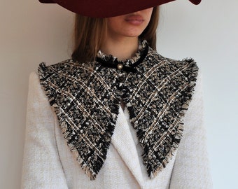 extra large collar, tweed fringes collar, plaid tweed collar, Peter Pan collar, tweed large collar, classic tweed collar