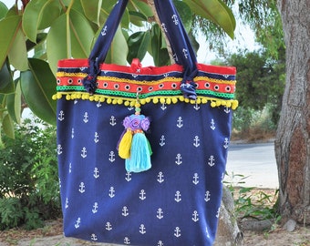 Baumwolltasche mit Ankermotiv, mediterrane Shopper-Tasche, Matrosentasche mit abnehmbarem, handgefertigtem Anhänger, Schultertasche für Damen