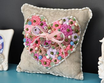 wedding rings pillow, embroidered pillow, grey kashmir pillow, grey rose pillow, jewel grey pillow, natural stone pillow